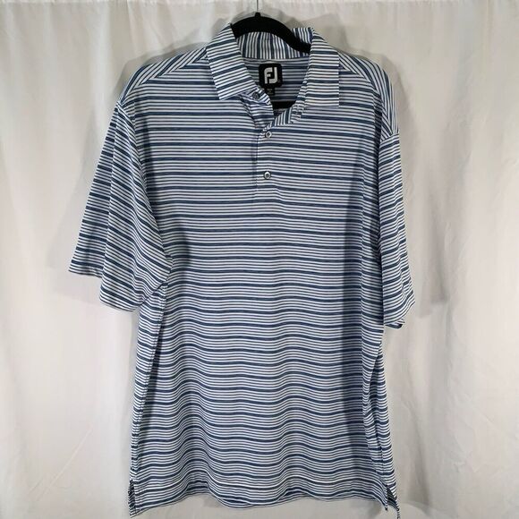 FootJoy Golf Polo Shirt Men's Large White Blue Striped Short Sleeve 1/4 Button - Picture 1 of 7